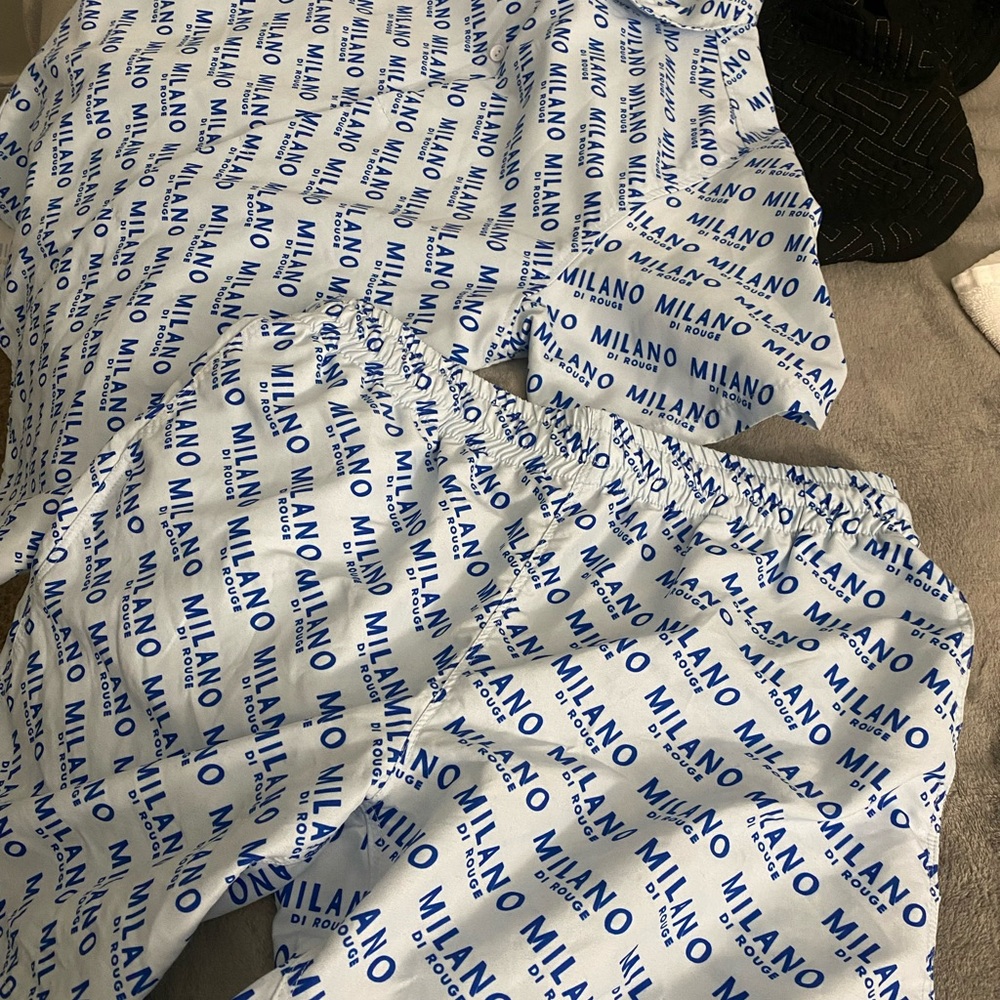 Milano  White and Blue Logo Shorts top medium bottom large worn once